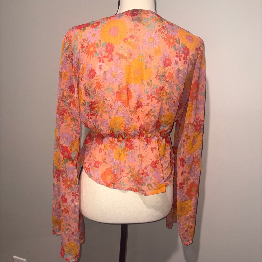 Floral Bell Sleeve Tie Front Boho Festival Top Womens Size Medium Orange - Picture 5 of 11